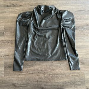 EXPRESS Faux Leather Mock Neck Puff Sleeve Peplum Top